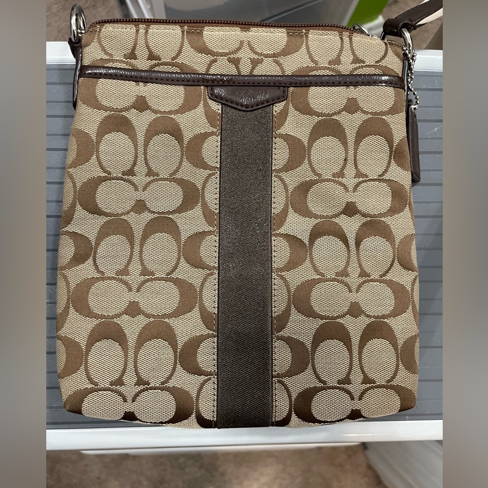 COACH Signature Jacquard with Patent leather trim CROSSBODY Messenger Bag Brown